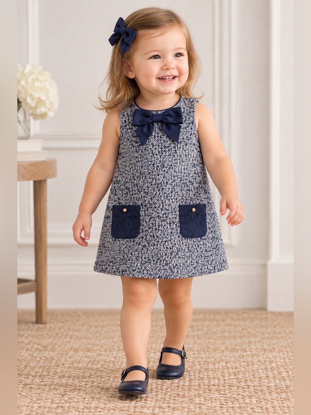 Janie and Jack Navy & White Bouclé Tweed Dress 12–18 Months